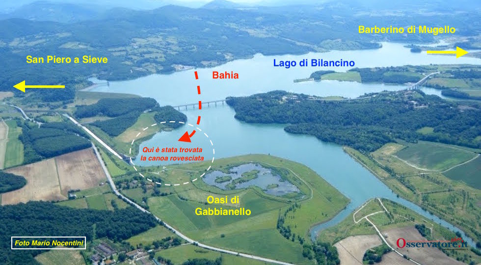 La mappa delle ricerche sul Lago di Bilancino (Elaborazione OsservatoreLibero.it su foto Mario Nocentini)