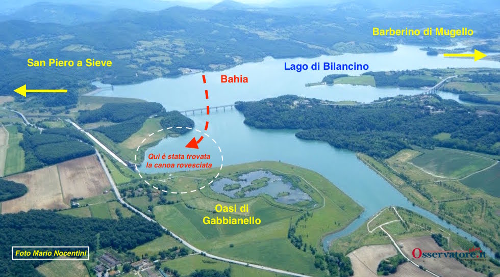La mappa delle ricerche sul Lago di Bilancino (Elaborazione OsservatoreLibero.it su foto Mario Nocentini)