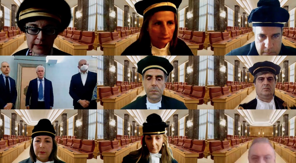 L'udienza online della Corte dei Conti della Toscana che ha esaminato il bilancio 2020 della Regione Toscana (prima in alto a sin. la Presidente della Sezione di Controllo Maria Annunziata Rucireta)