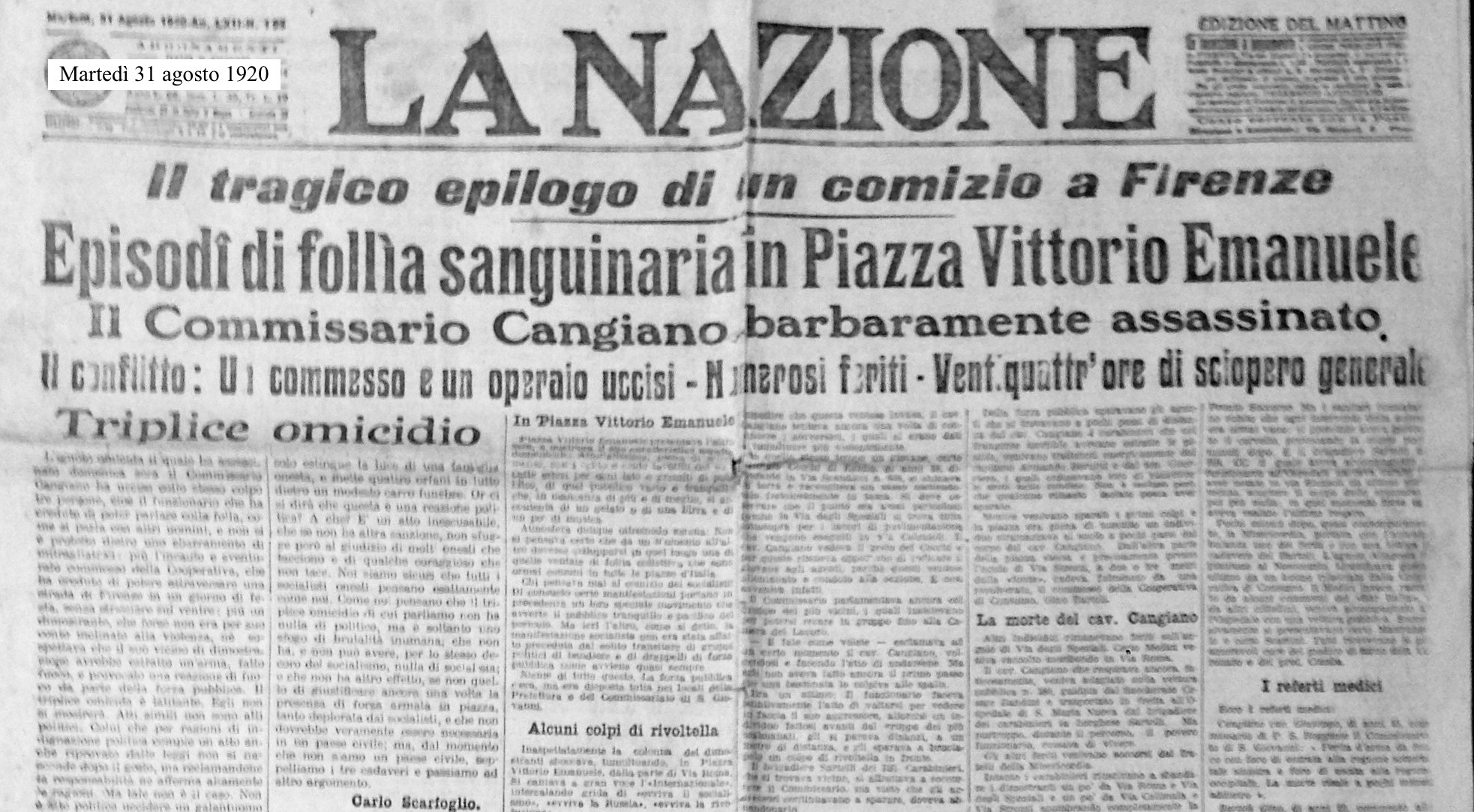 La prima pagina de La Nazione del 31 agosto 1920 con la notizia dei tragici scontri a Firenze