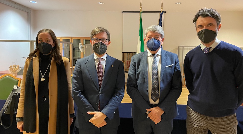 Da sin. assessore Sara Funaro, sindaco Dario Nardella, prefetto Valerio Valenti, presidente Anci Toscana Matteo Biffoni al termine della riunione in prefettura a Firenze sull'accoglienza agli ucraini