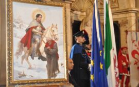 Il dipinto che raffigura San Martino realizzato dalla pittrice L'opera che raffigura San Martino realizzata dalla pittrice Lynn Guo